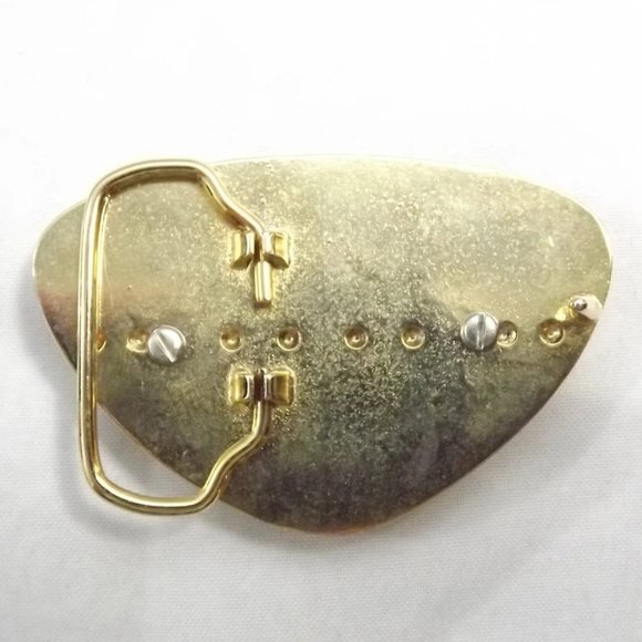 Striated Faux Stone in a Gold Tone Brassy Metal Triangular Belt Buckle - Picture 5 of 8